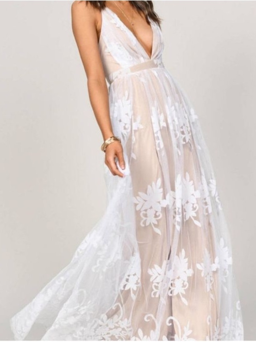 Luxxel White Sheer Floral V-Neck Maxi Dress